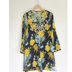 Raj Floral Cotton Caftan with Embroidery, black blue and yellow flowers flowy